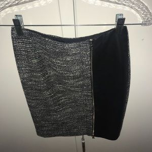 Lambskin leather and tweed mid knee skirt